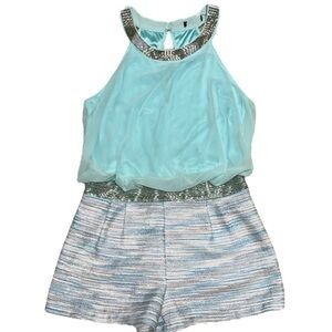 Lovposh Silver Bead Embellished Halter Romper Chiffon & Striped Shorts Sz Large